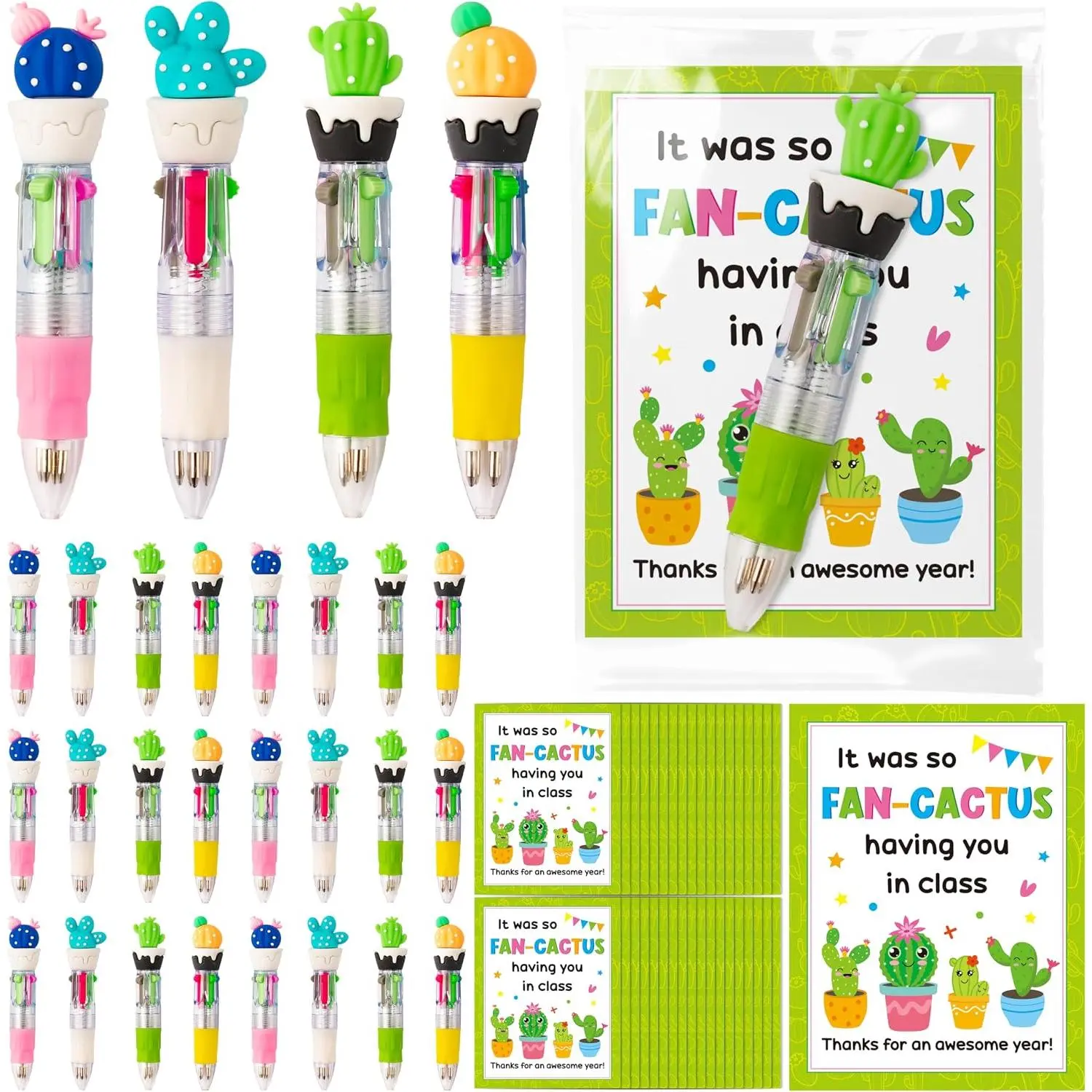 84-Count 4-in-1 Multicolor Ballpoint Pens with Motivation Greeting Cards, Cactus-Themed Student Gifts, Bulk Office Stationery for Classroom Supplies & Party Favors (Awesome Year)