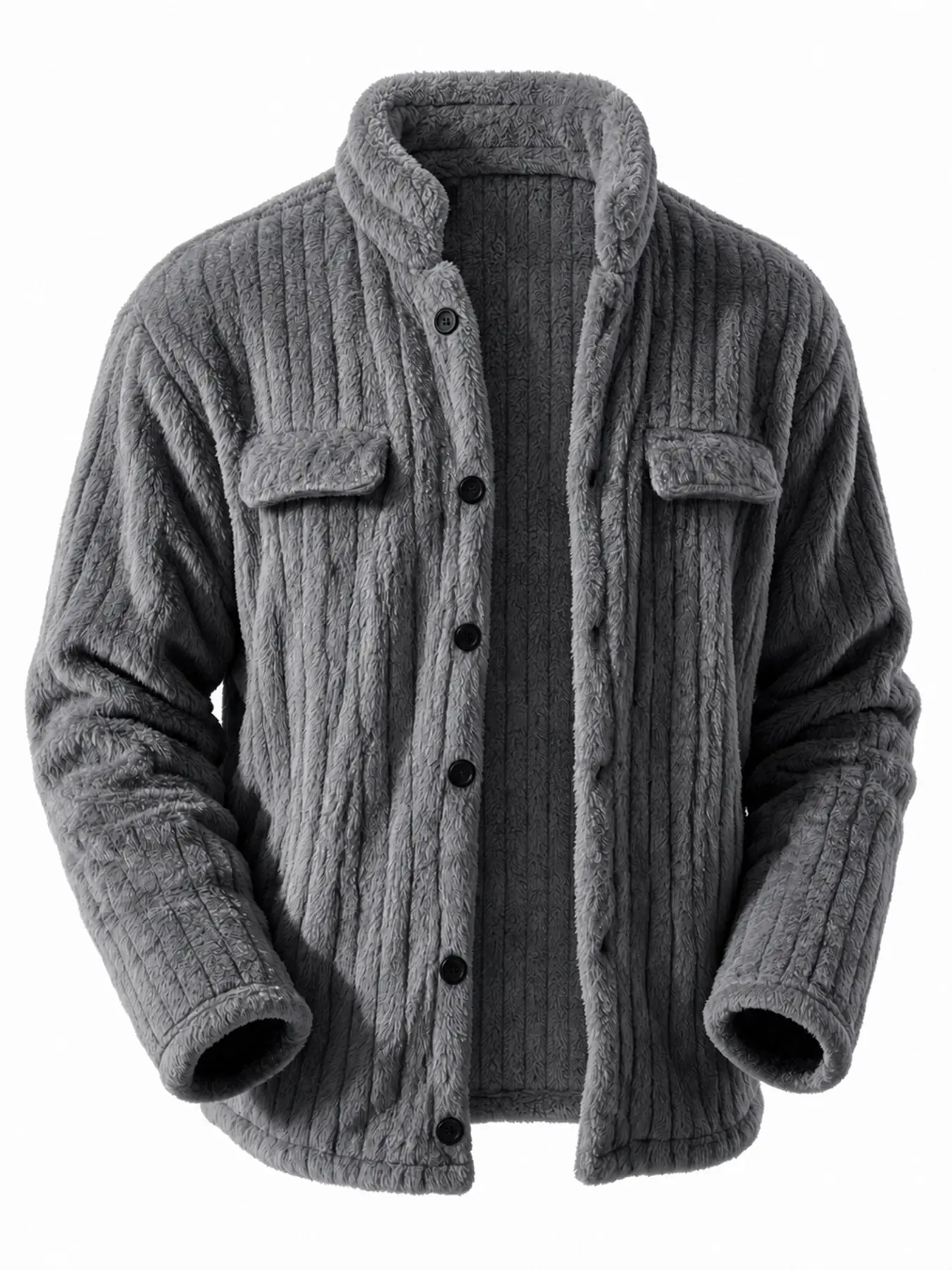 Men’s Warm Ribbed Plush Shirt Jacket, Stand Collar, Button Front, Faux Pockets, Casual Long Sleeve, Fall Winter Outerwear