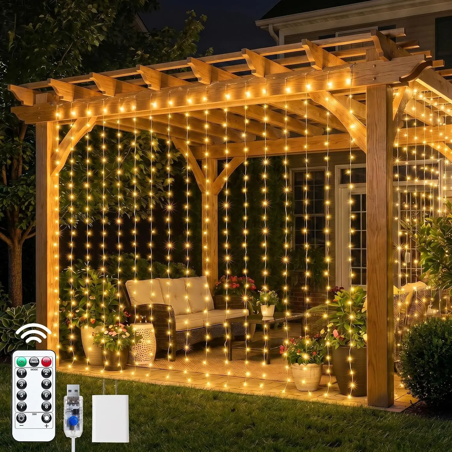Brightown 300 LED Curtain Lights, 9.8 FT Plug in Fairy Lights for Bedroom, 8 Lighting Modes, Christmas String Lights for Window Wall Wedding Party Birthday Christmas Decorations, Warm White