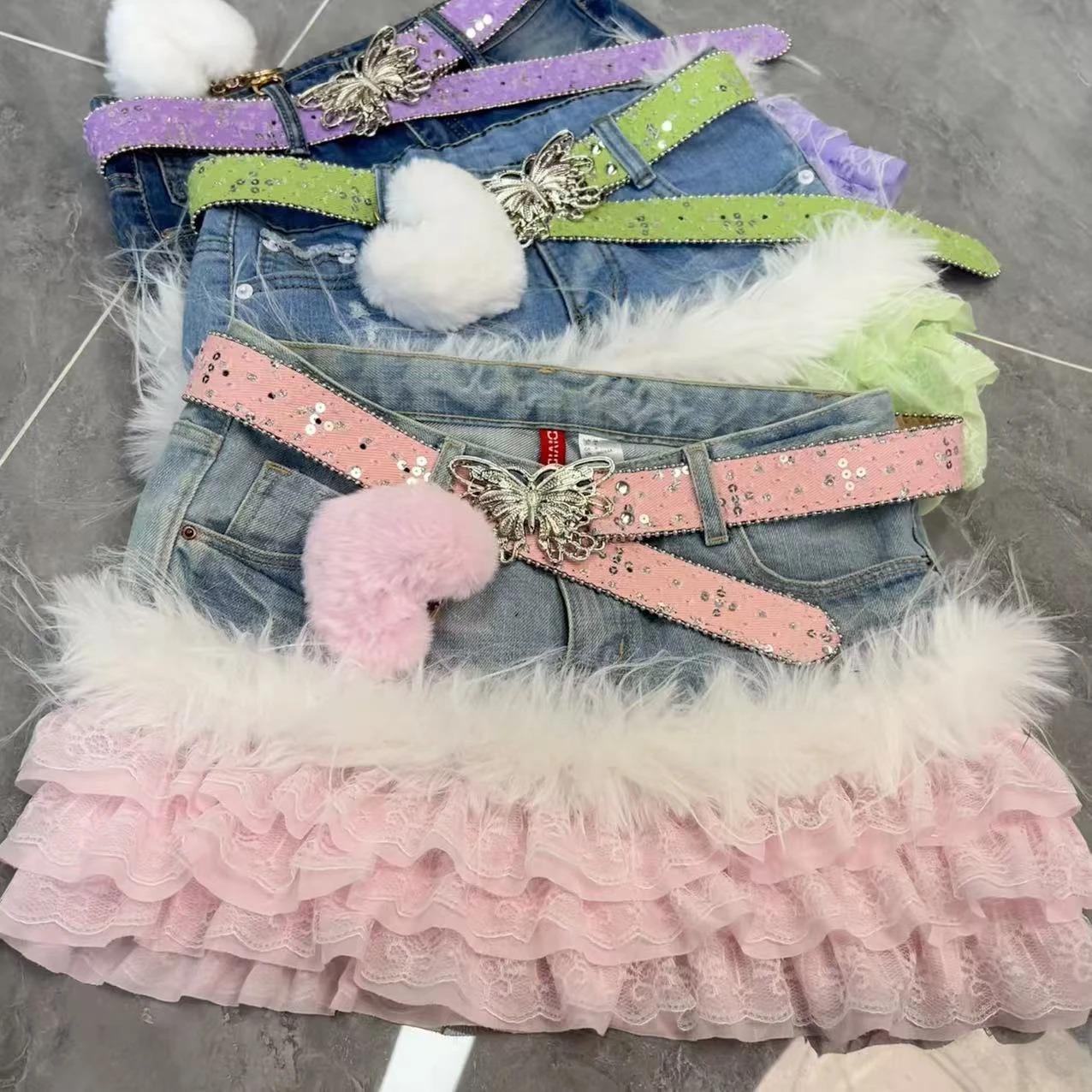 Original Y2K Vintage Low Waist Lace Trim Kitty Short Skirt Cute Millennium Handmade Cake Skirt Girls Sweet Style Denim Fabric
