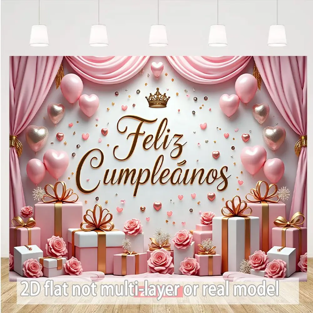 2D Flat HD Digitally Printed Polyester Photography Backdrop Sheet - 1-Piece Floral Pink Rose Gift Balloon Gold Crown Happy Birthday Themed Cloth, Soft Lightweight Foldable, for Party Photoshoots