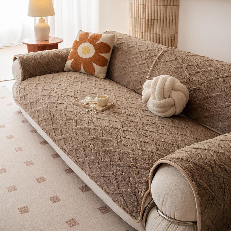 Solid-Color Geometric Pattern Plush Sofa Cover, Soft Non-Slip Sofa Protector for Living Room and Bedroom, Stylish Pet-Friendly Home Decor, Sofa Slipcover