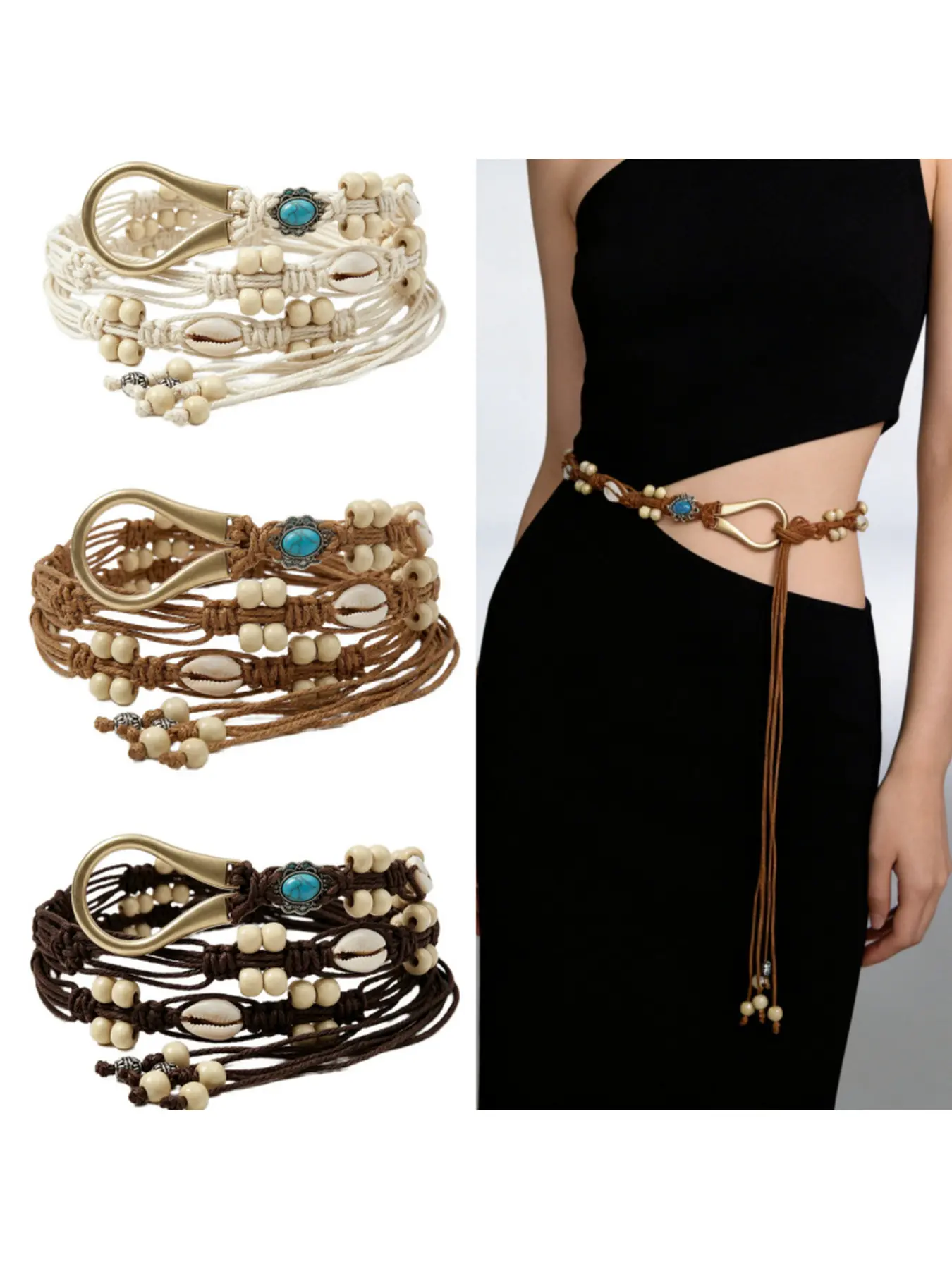Bohemian woven wax rope boho style belt, U-shaped metal buckle shell decorated waist chain, women's ethnic style dress waist accessory