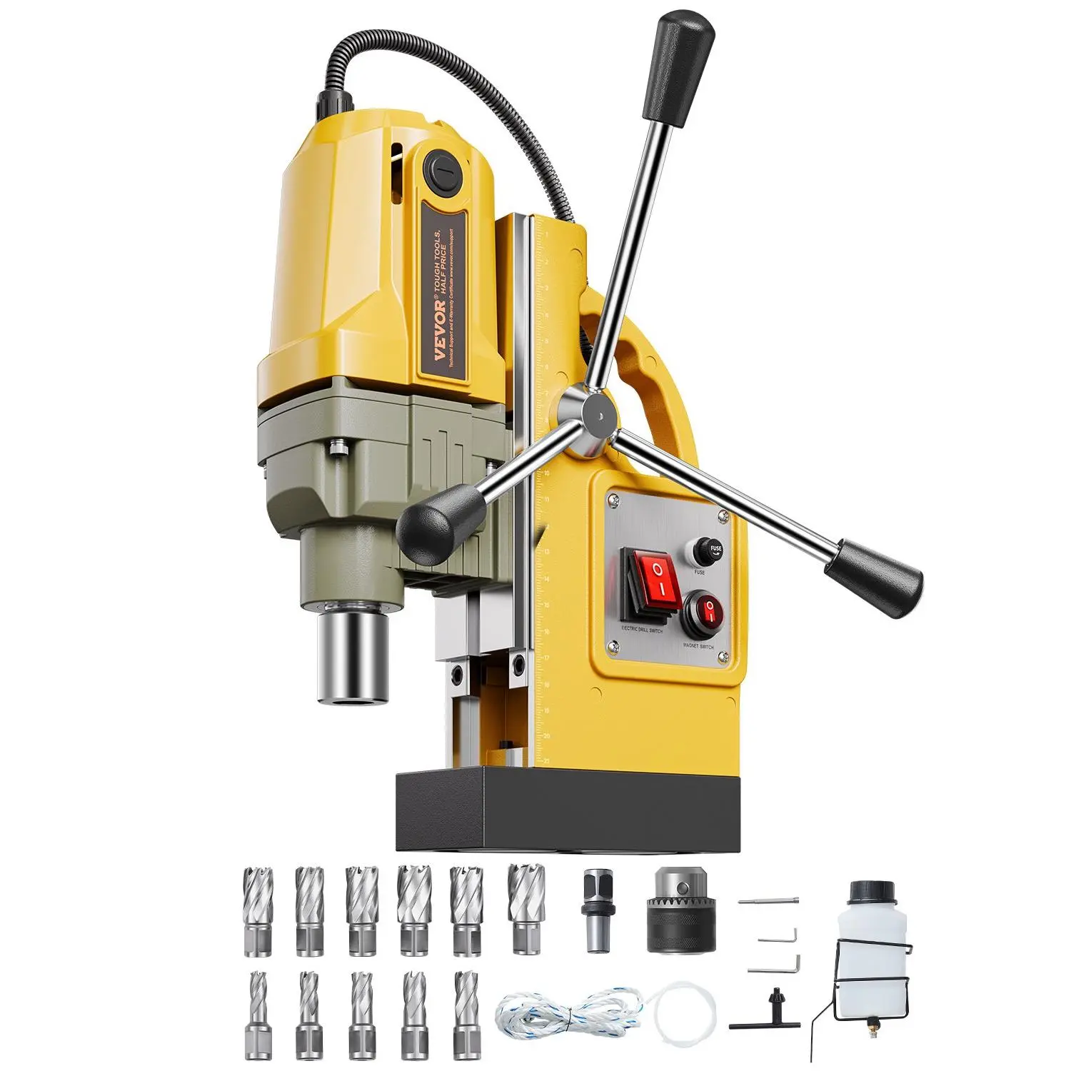 【DealsForYouDays】VEVOR Magnetic Drill, 1400W Motor 1.6 in Boring Diameter, 2810 lbf Portable Electric Mag Drill Press, with 11 Coring Bits, 800 RPM Speed, Drilling Machine for Metal Surface, Home Improvement Industry