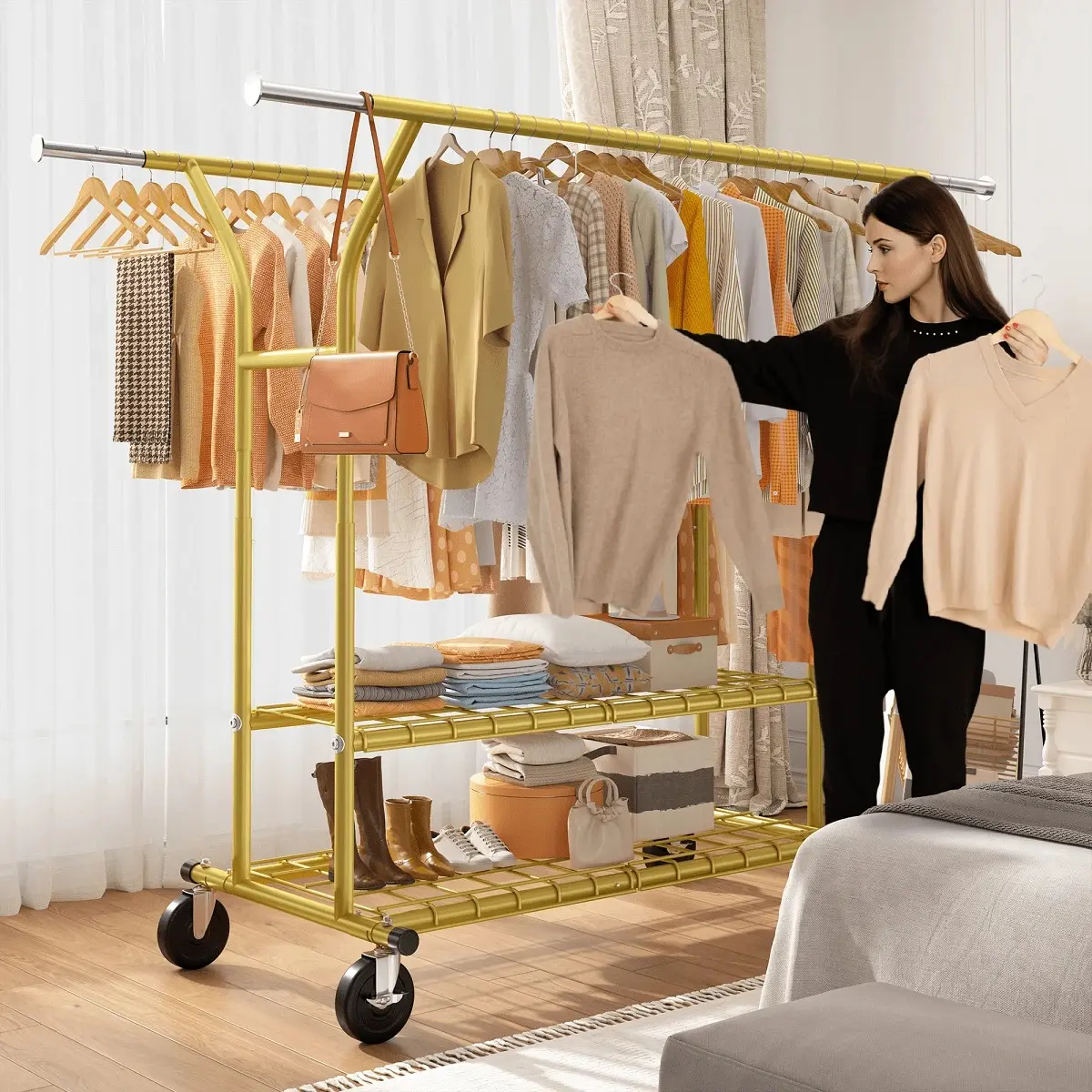 74" W Clothes Rack, Clothing Rack With Wheels Load 265LBS, Double Clothing Racks Hanging Clothes, Heavy Duty Clothes Rack, Adjustable Garment Rack Commercial Portable,Home Decor,Room Decor, Gold