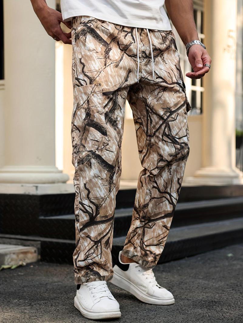 Men's camouflage print zippered pocket trousers, slim-fit athletic pants, durable trousers for autumn, men's wear-resistant outdoor training pants, streetwear fashion, vacation wear, men's clothing