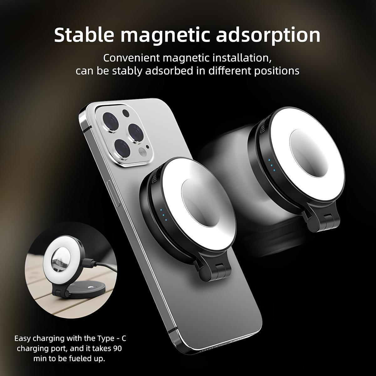 3-in-1 Magnetic Beauty Selfie Light for Phones – 360° LED Ring Light with MagSafe, Mirror and Phone Stand – Portable Rechargeable Fill Light for Makeup, Live Streaming, Video Calls