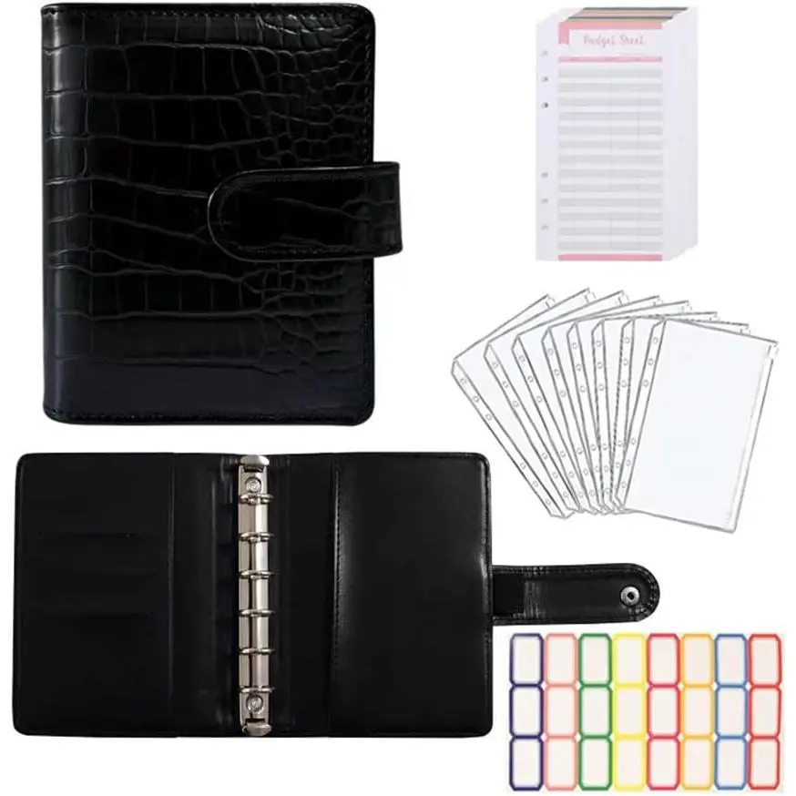 A7 Crocodile Budget Binder Kit - Mini  Organizer for Saving,  Stuffing Envelope System, Planner Binders with Pockets, Sheets and Stickers, Black