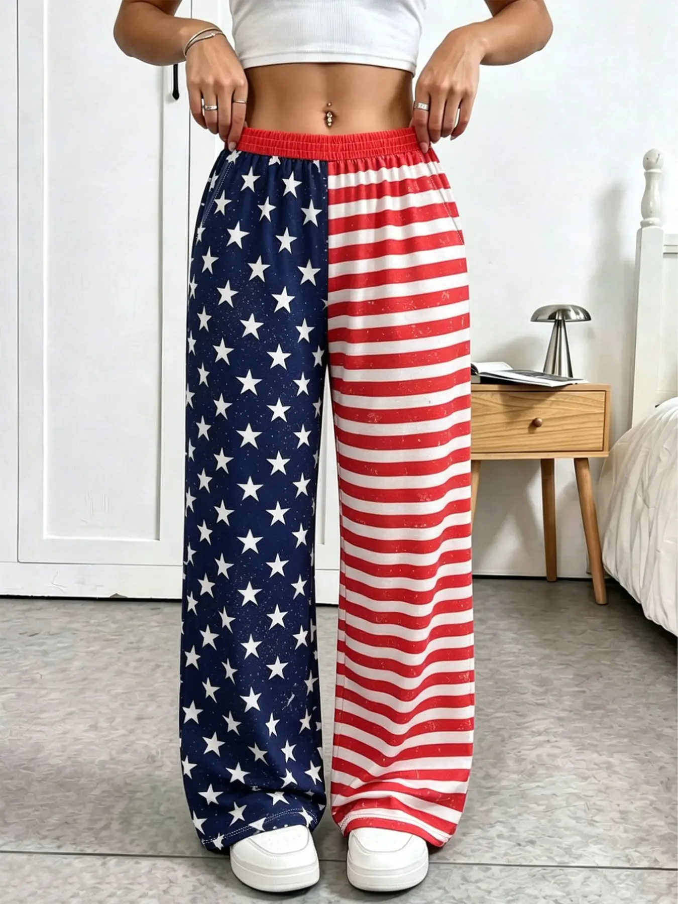 Women USA Flag Print Wide Leg Pants, Elastic Drawstring Waist Loose Trousers With Pockets, American Star Stripe Casual Bottoms, TikTok Trendy Lounge Pants, Ideal For 4th of July, Vacation, Beach & Daily Outfits