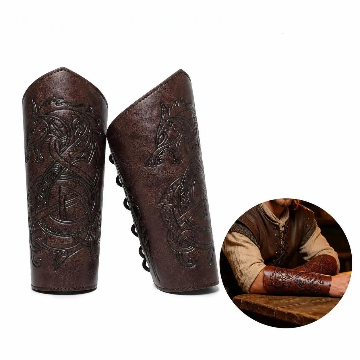 2 PCS European Medieval Viking Knight Bracers, Vintage Embossed PU Leather Arm Guards, Renaissance Cosplay Props, Armor Style Accessories for Halloween Role Play & Stage Outfits