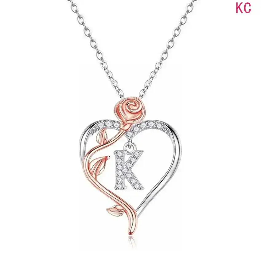 925 Sterling Silver Rose Heart Initial Pendant Necklace, Elegant Personalized Silver Jewelry For Women Mother Daughter Girlfriend Daily Occasion Matching