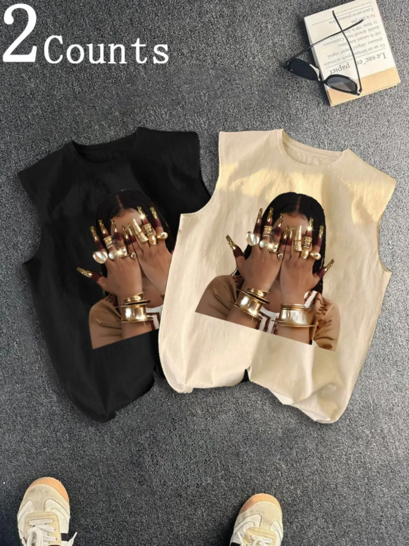 Men's Two-Piece Trendy Casual Sleeveless Vest Set, Face-Wearing Woman Print, Summer Vacation Friend Gathering Daily Wear