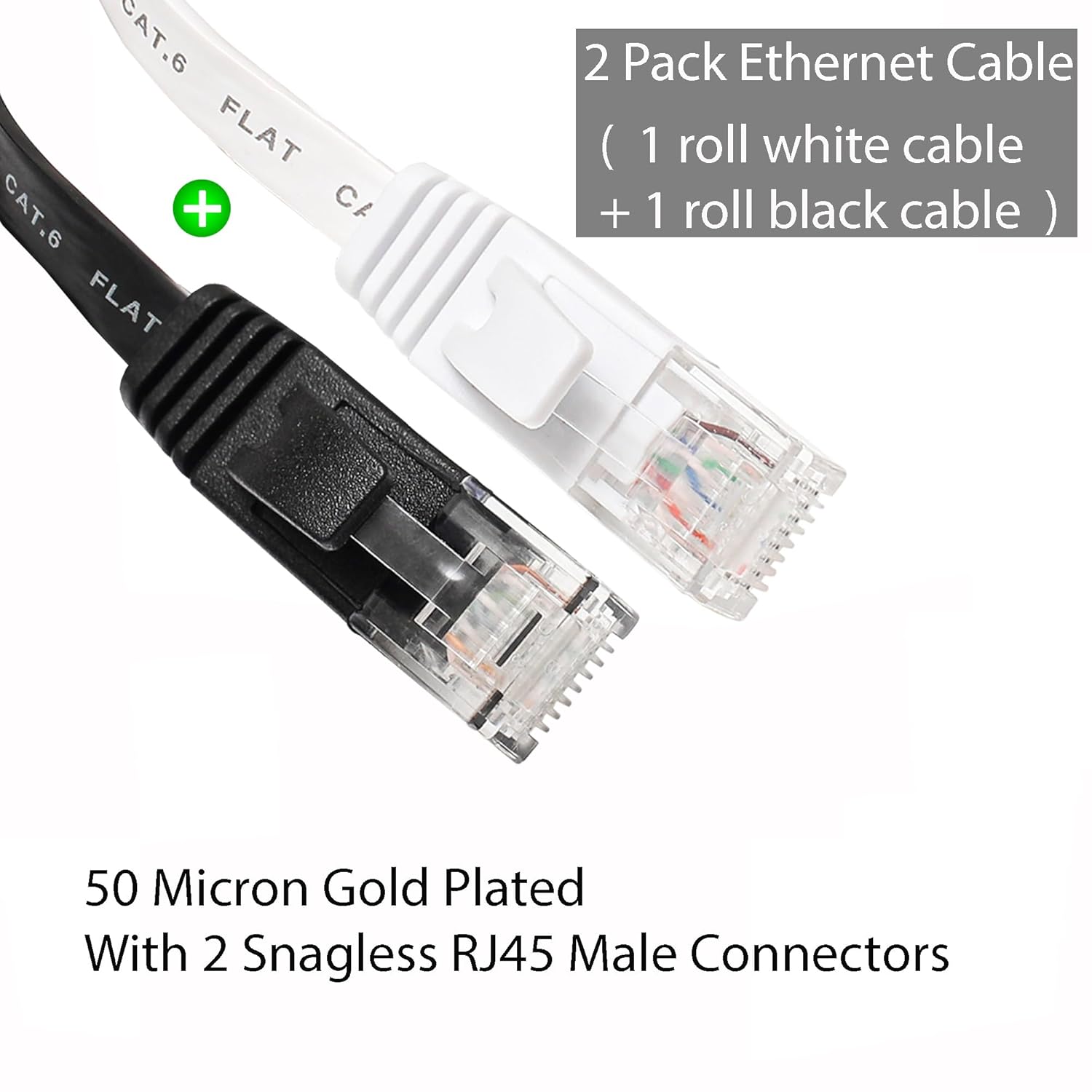 Ethernet  100 ft 2 Pack  6 Flat  Ethernet Cord, Slim Long Cat6 High Speed Computer Router Network LAN Patch Wire with Clips & Rj45,Faster Than Cat5e/Cat5,100  White+Black