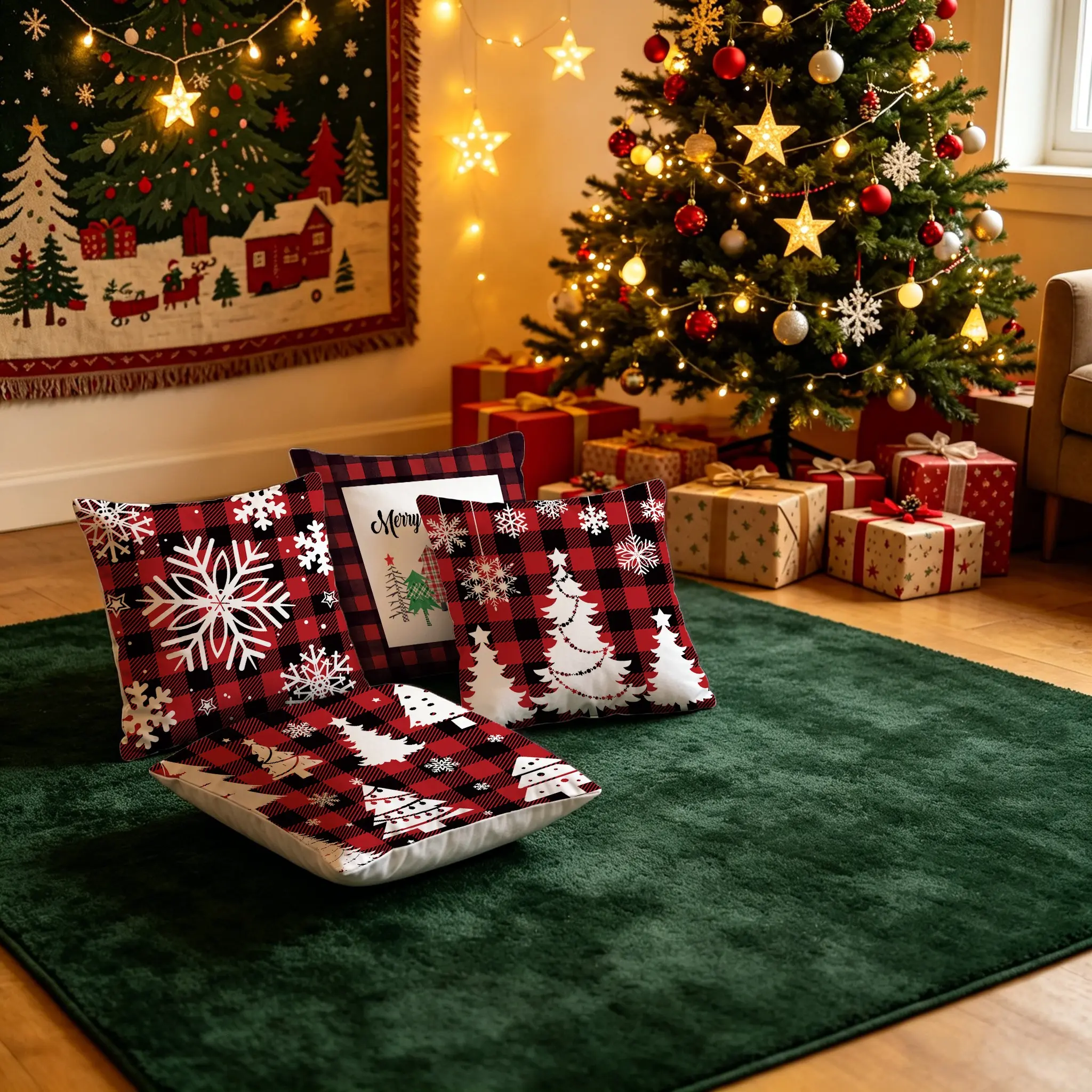Water Buffalo Plaid Christmas Pillow Covers 4 Piece Set, Snowflake Christmas Tree Festival Cushion Covers, Home Sofa Decor
