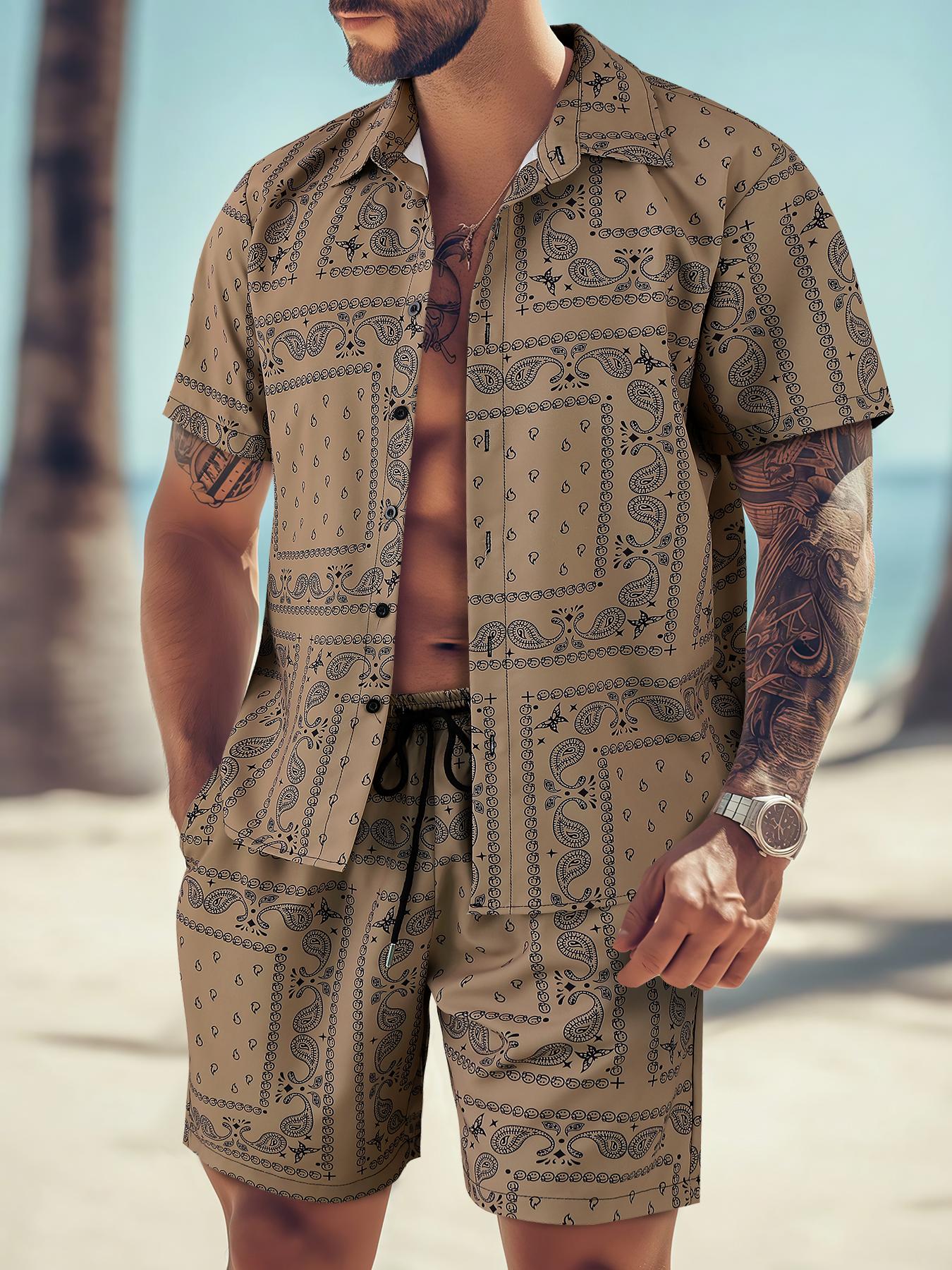 Men's All Over Print Short Sleeve Shirt & Shorts Two-piece Set, Casual Button Collar Top & Drawstring Waist Shorts, Men's Summer Clothes, Casual Outfit Set