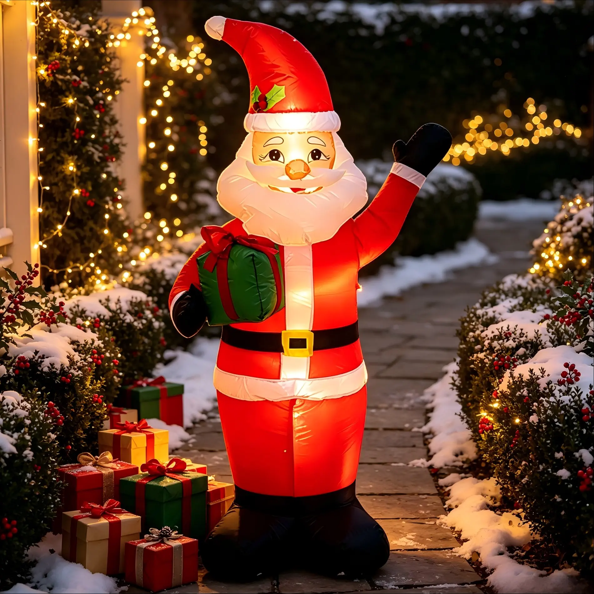 Christmas Inflatable Santa Claus with Gift Box, LED Lighted 1.5m Yard Decoration, Auto-Inflate with Fan, Waterproof Durable, Plug-And-Play