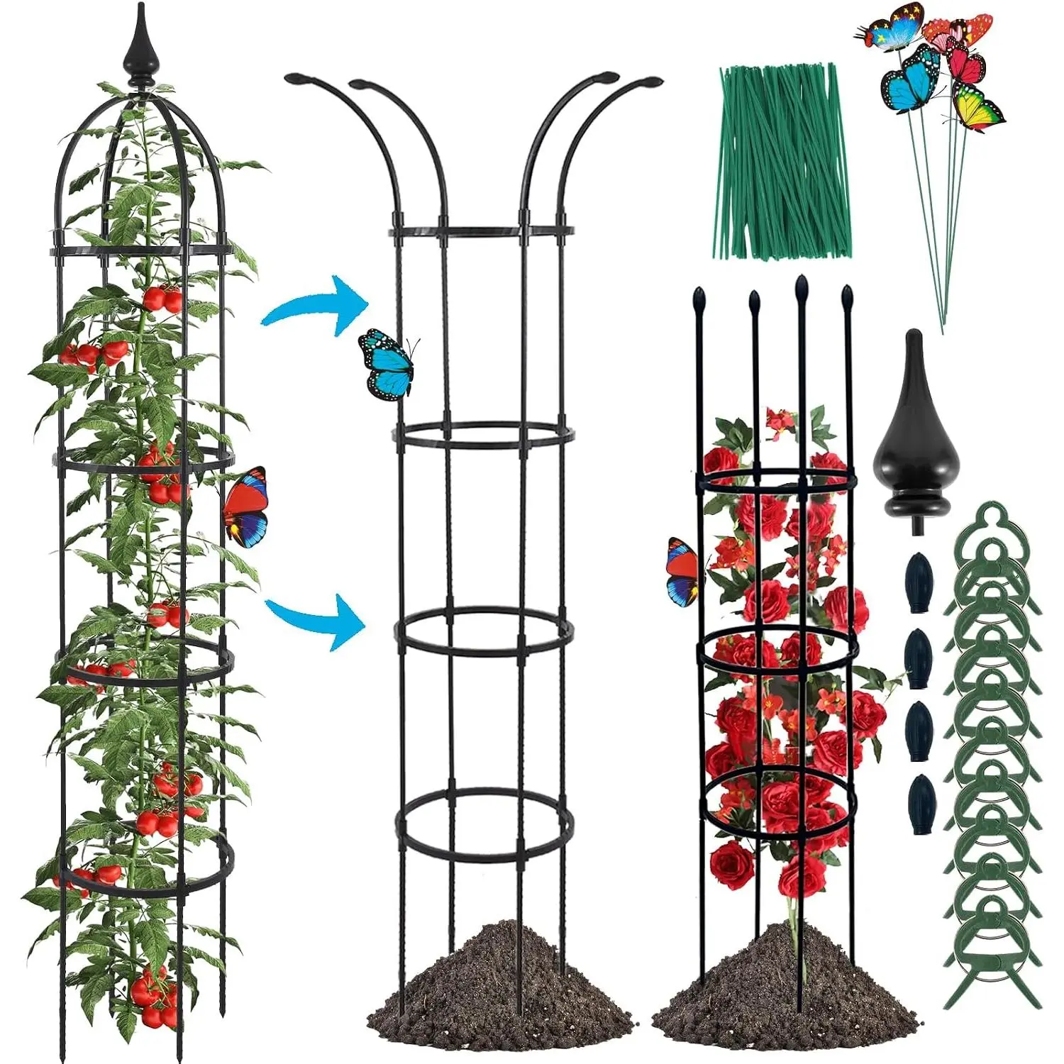 6.6ft Tall Garden Obelisk Trellis for Climbing  Outdoor | 1Pack Rustproof Coated Metal  Support with Garden Twist Tie for Tomato Cucumber Ivy Vines Rose Potted