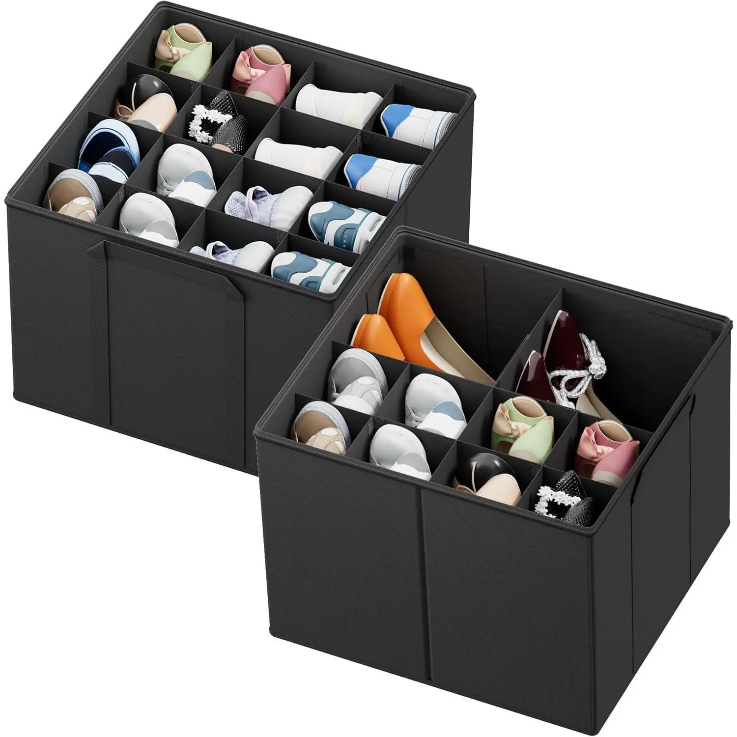 Shoe Organizer for Closet, 2 Pack Foldable Shoe Storage Containers Baskets Bins w/Adjustable Dividers, Fits 16-32 Pairs, Black