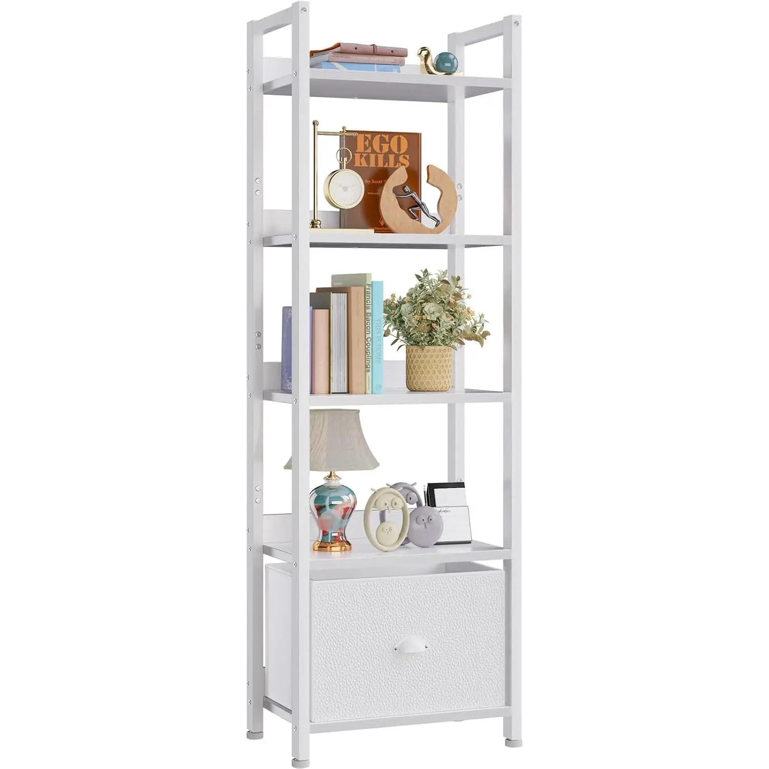 5 Tier Bookshelf with Drawer, Tall Narrow Bookcase with Shelves, Wood and Metal Book Shelf Storage Organizer, Modern Display Standing Shelf Unit for Bedroom, Living Room, Office, White