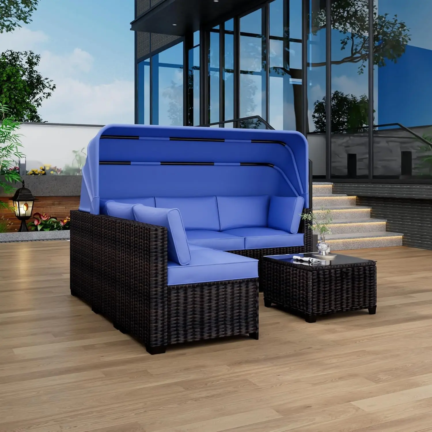Outdoor Daybed Set – Patio Lounge with Retractable Canopy, Adjustable Backrests, Chaise Lounges, Comfortable Garden Furniture for Poolside, Backyard, Porch, & Patio