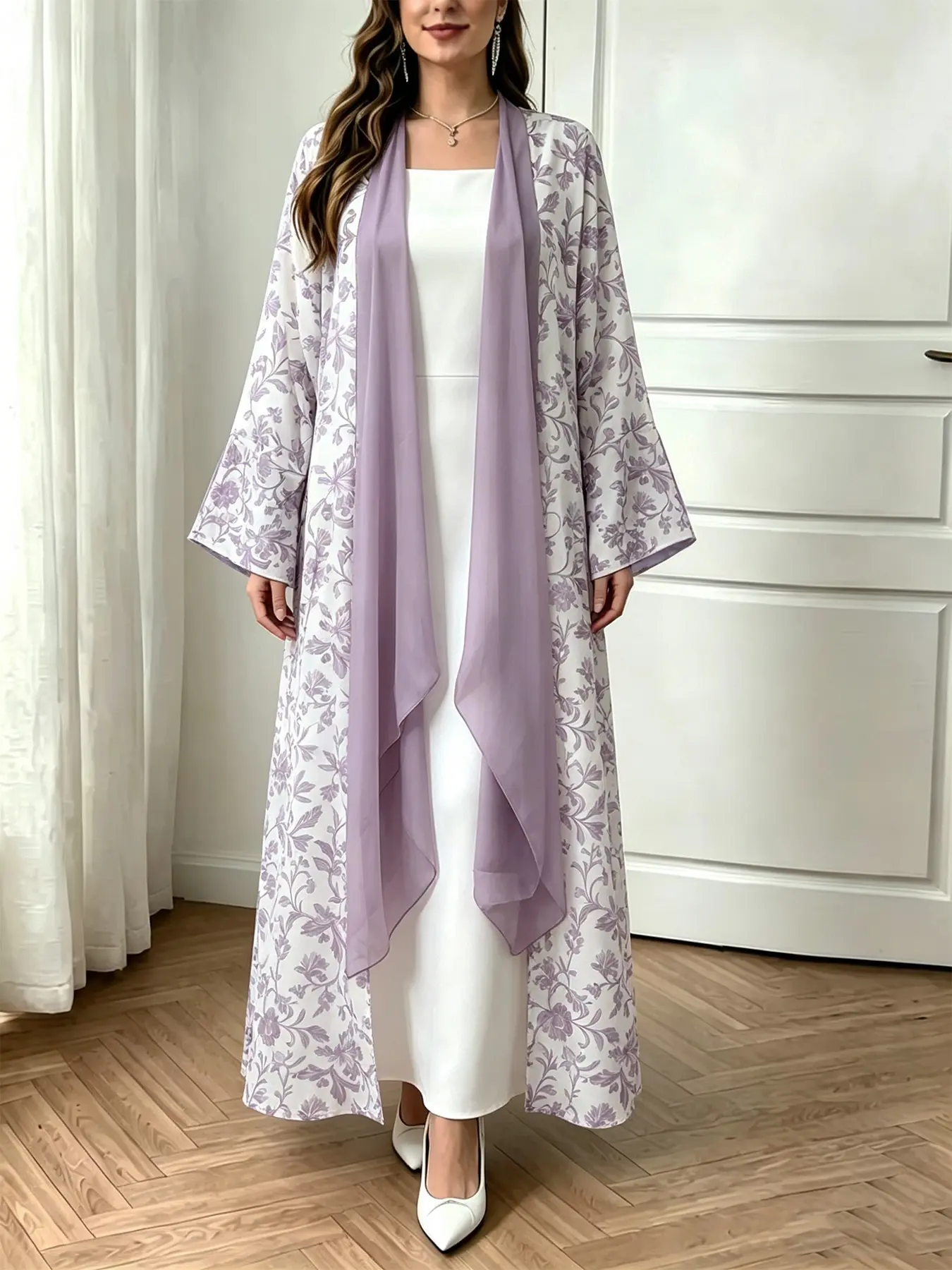 Women Lilac Floral Pattern Long Abaya Outerwear, Two Tone Ruffle Trim, Loose-Fit, Breathable, Casual Elegant All-Season Robe