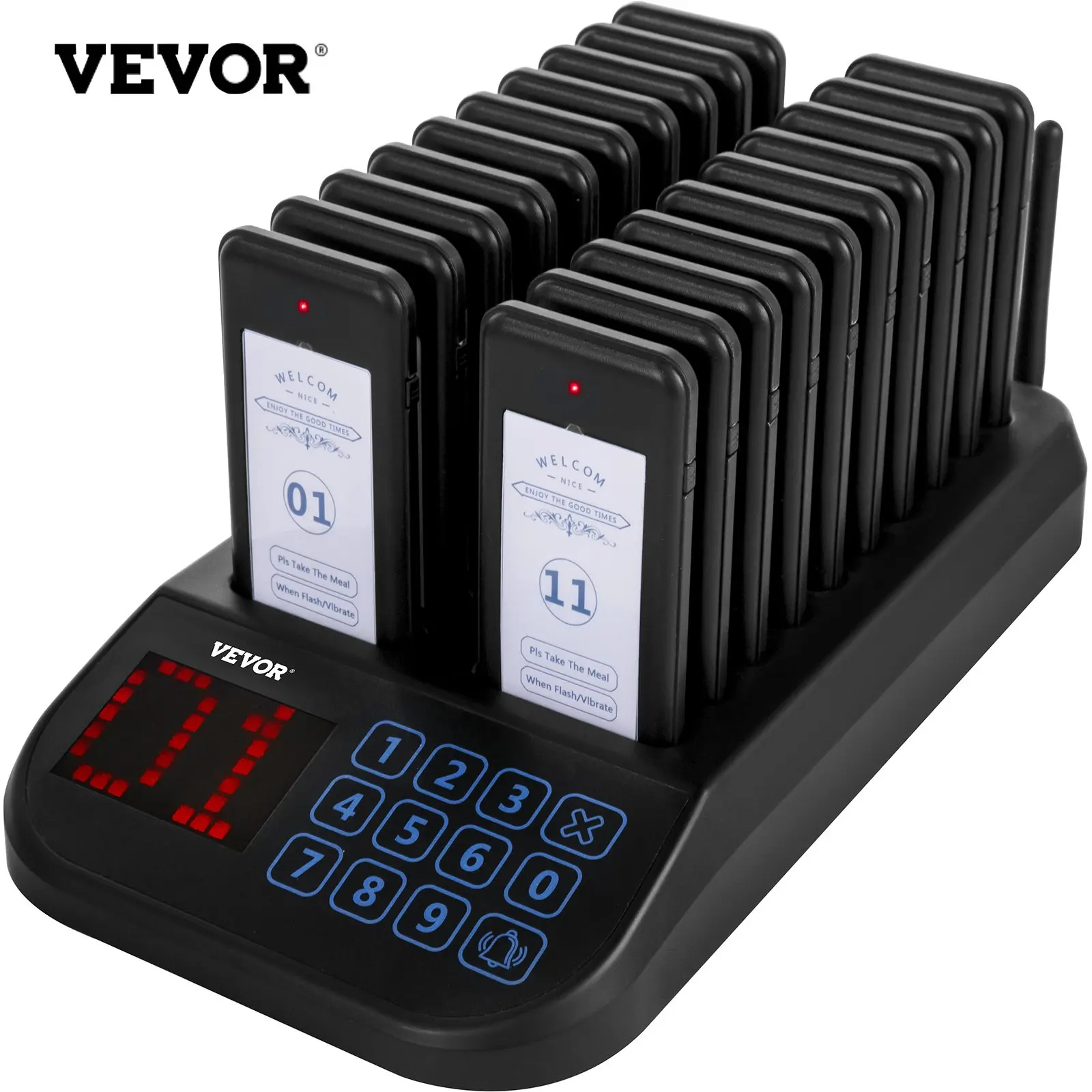 VEVOR F103 Compact Wireless Calling System with 20 Rechargeable ABS Plastic Pagers, 300-500m Range, Touch Keyboard, Multi-Mode Alert (Vibration, Flashing, Buzzer) for Restaurant, Hospital, Rechargeable Batt.