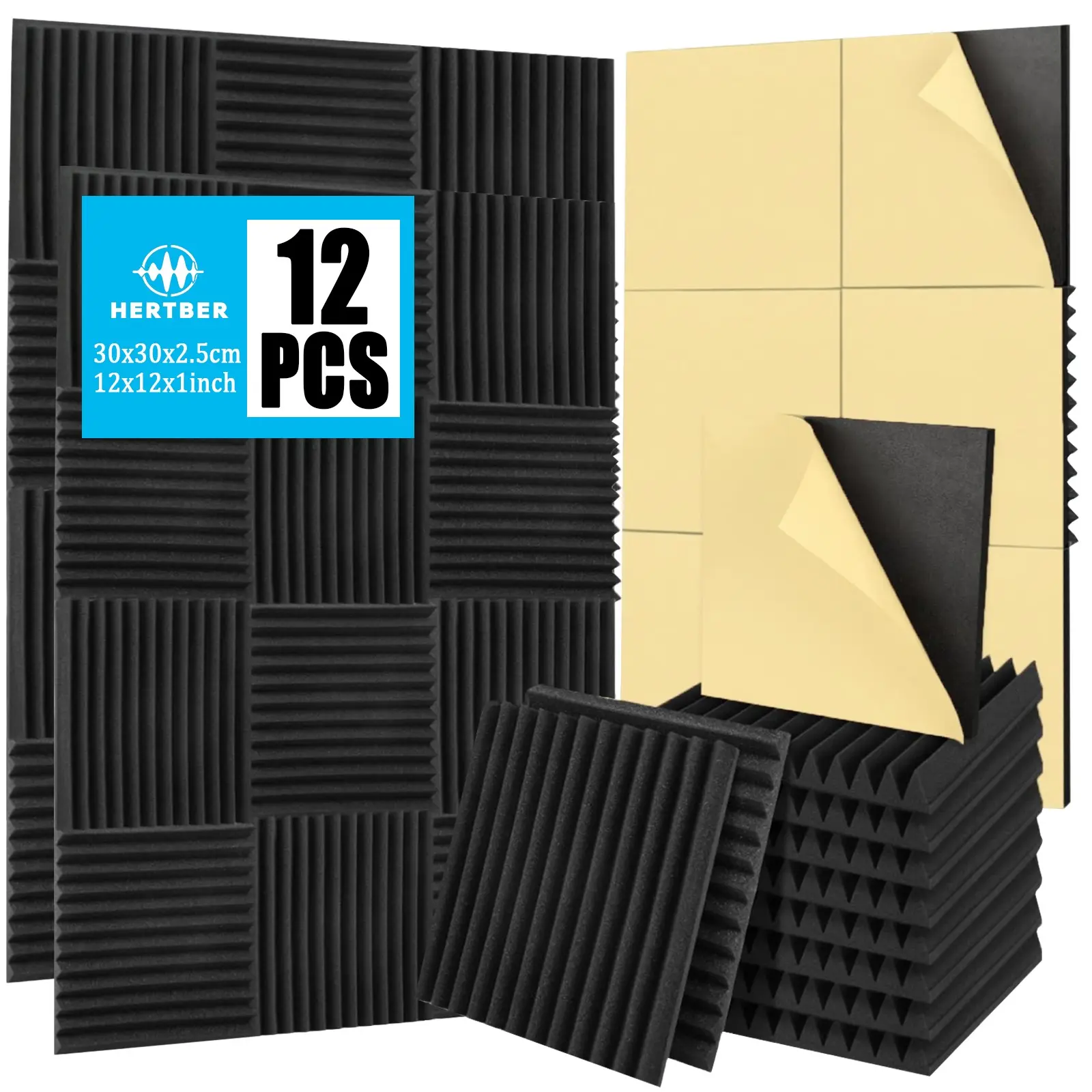 12Pcs Self‑adhesive Black Wedge Acoustic Foam Panels, 12×12×1 Inch Sound Absorbing Sponge, Wall Noise Reduction for Bedroom, Gaming Room, Live Stream Room, Recording Studio, Home Theater, Creative Wall Decor, Easy to Install