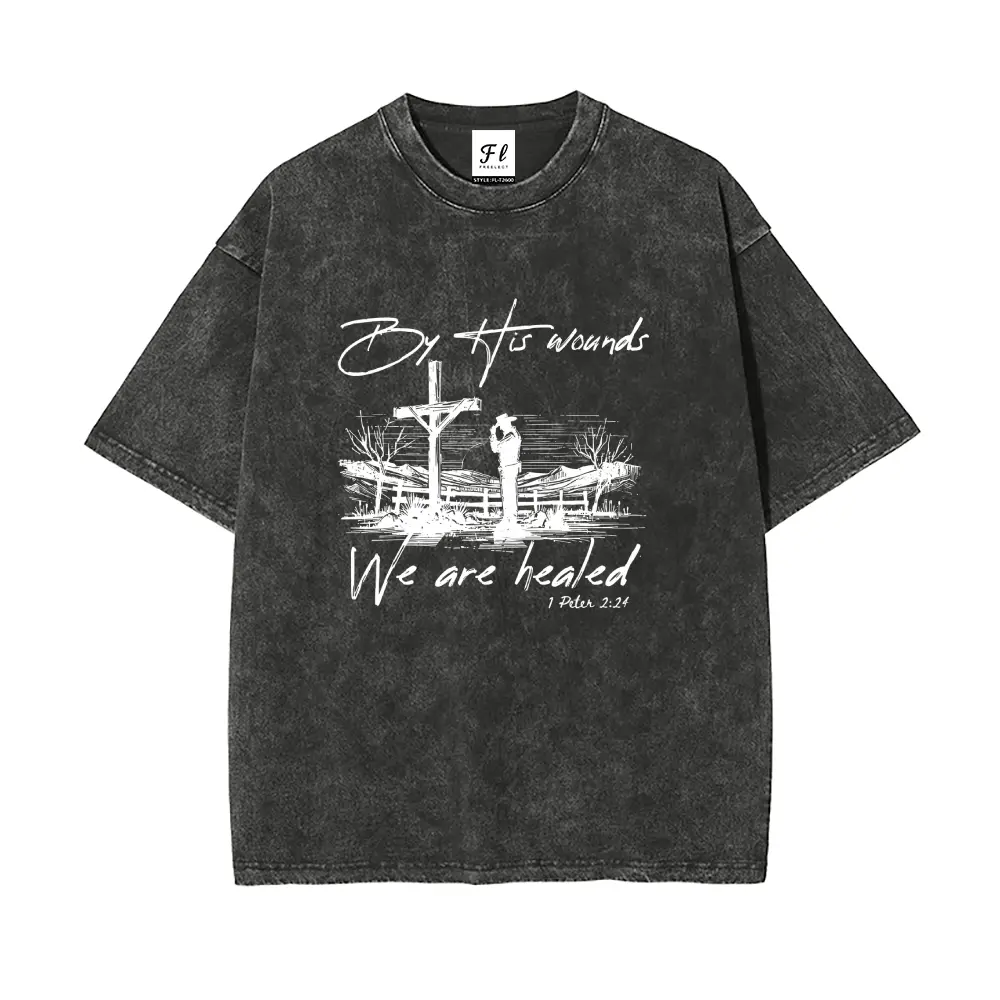 By His Wounds We Are Healed Christian Graphic Washed T-Shirt, Vintage Graphic Tee Round Neck Summer Cotton Oversized Top Unisex Short Sleeve Washed T-shirt Graphic Top for Women & Men