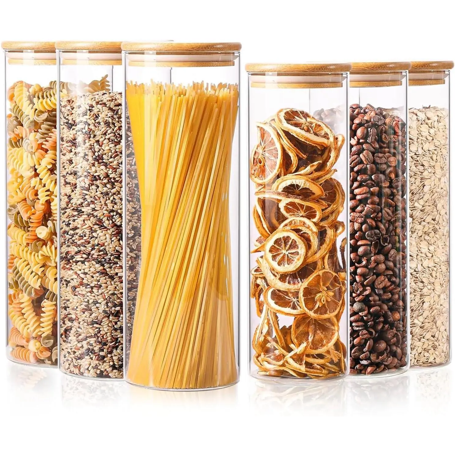 Glass Food Storage Jars Set of 6, Tall Glass Storage Containers with Lids, Spaghetti Jar, Canisters Set for the kitchen, Pasta, Flour, Nuts, Oat, Coffee and Sugar Container, Pantry Organization