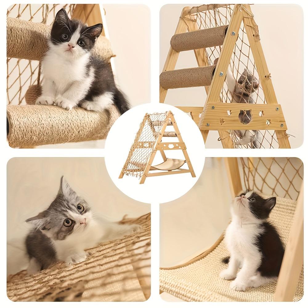 Wooden Cat Tree With 2 Scratching Posts, Summer Cat Bed, Indoor Multi-cat Castle Tower With Climbing Net Toys.