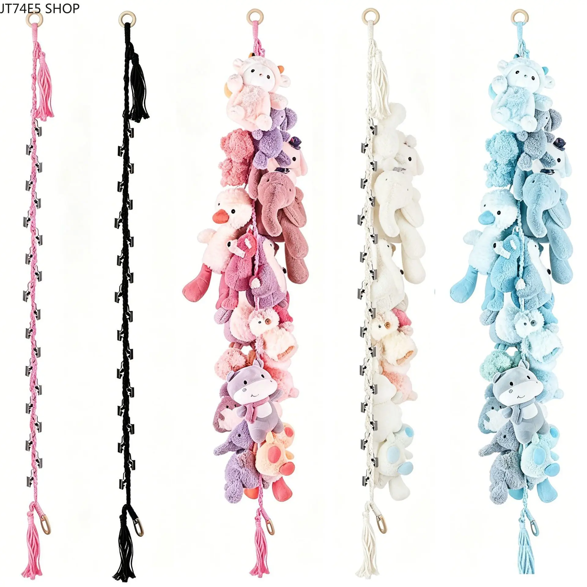Boho Hand-Woven Hanging Toy Organizer with Clips, Children's Room Wall Decor for Storing Plush Dolls and Photos