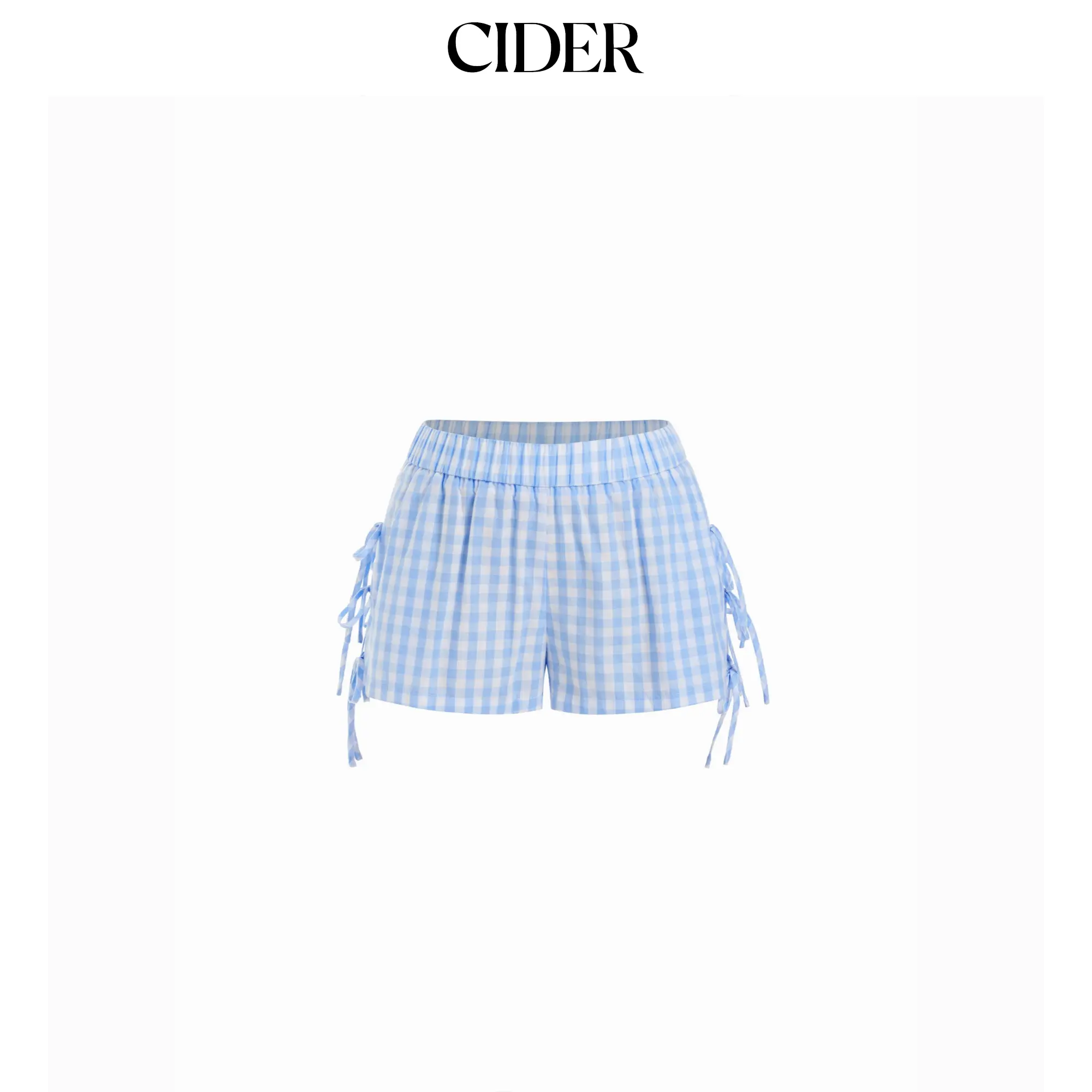 Cider Cotton Mid Rise Gingham Drawstring Micro Shorts
