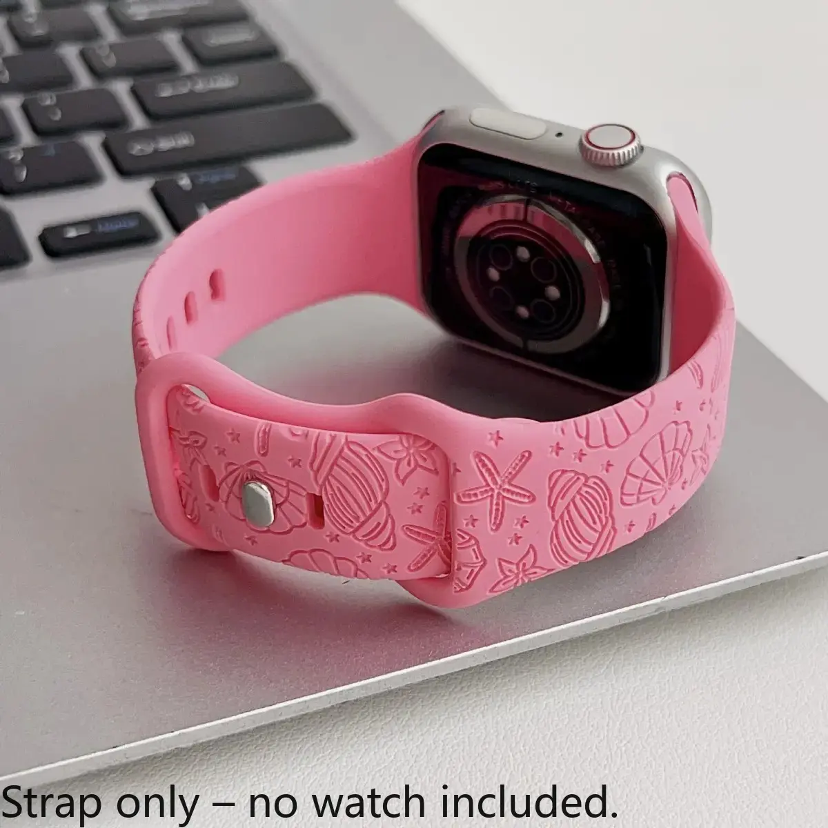 Summer Beach Floral Engraved Silicone Watch Band, Breathable Soft Strap Compatible With Apple Watch All Series, Casual Vacation Accessory For Beach And Daily Wear (No watch) Wearable Chic Wristband tiktokshopbacktoschool