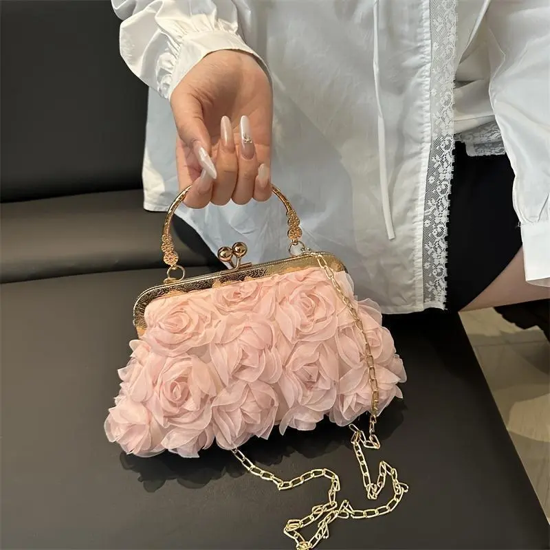 Women's Elegant 3D Floral Evening Bag - Wristlet with Detachable Gold-Chain for Weddings, Parties