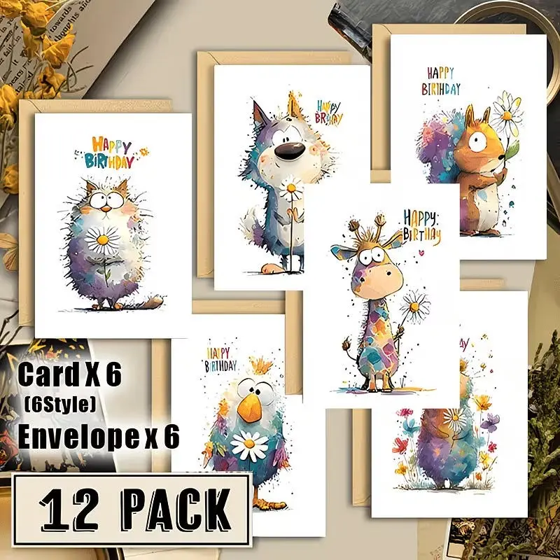 12 Cute Animal Birthday Greeting Cards Set, High-Quality Paper, DIY Gift Kit, Fun Party Invitations, Funny Adult Birthdays, Bright Colors