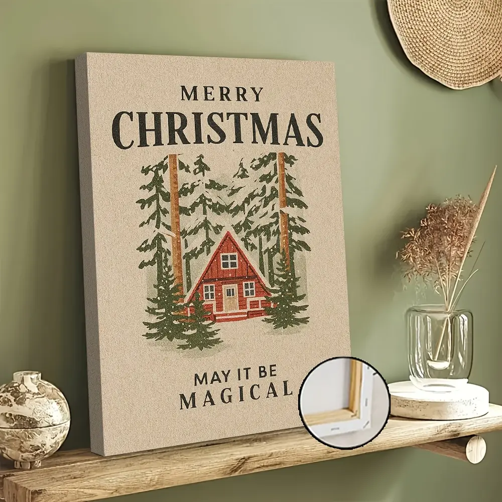 2D FLAT Single Framed Canvas Wall Art, Merry Christmas Magical Themed Christmas Cabin Hanging Poster. High Definition Art Print, Festive Wall Art, Multi-Scenario Indoor Home Decoration, Ideal Wall Decor for Living Room, Bedroom and Office, 2D Flat Design