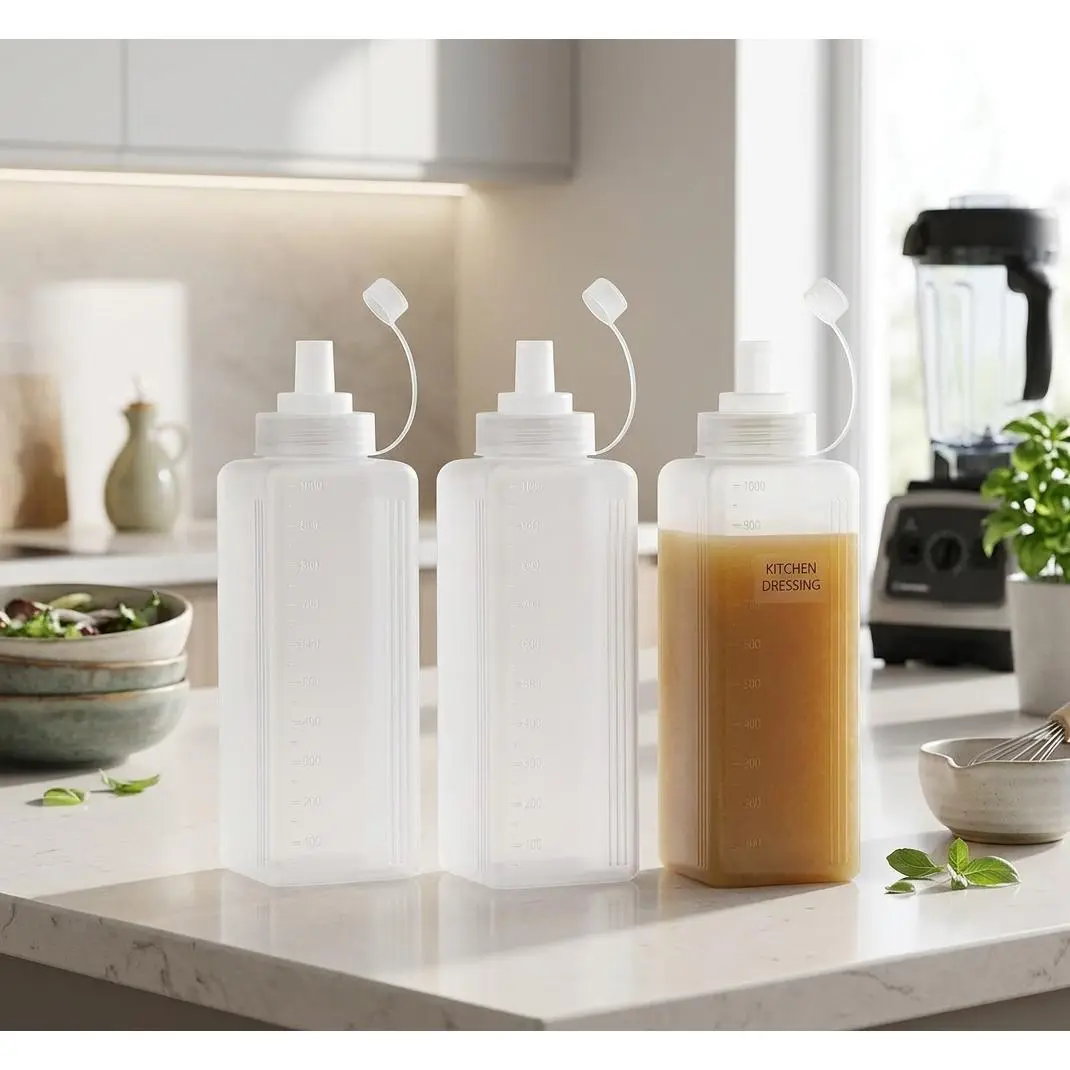 [HUOMAQFAN]3-Pack PE Squeeze Condiment Bottles with Wide Mouth – Leak-Proof Squirt Dispenser Bottles for Ketchup, Mustard, Oil, Sauce & Salad Dressing