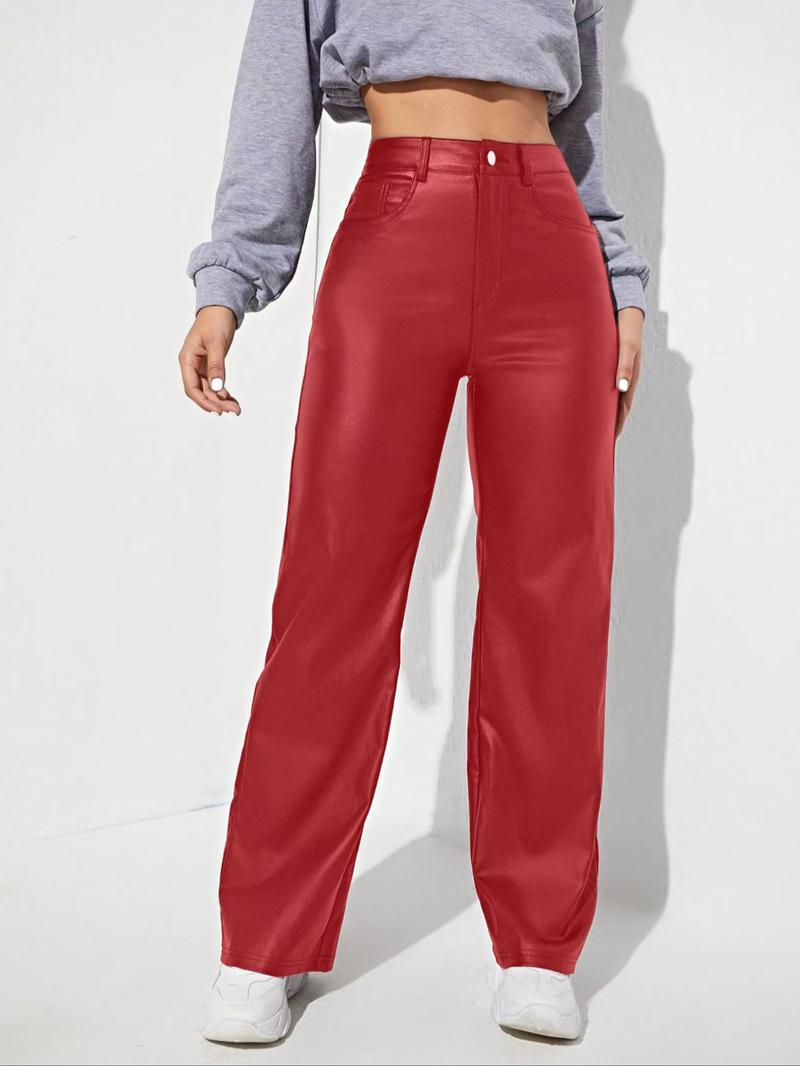 Women's Solid Color Button Fly Faux Leather Pants with Pocket, Fashion Casual High Waist Trousers for Daily Outdoor Wear, Ladies Bottoms for All Seasons