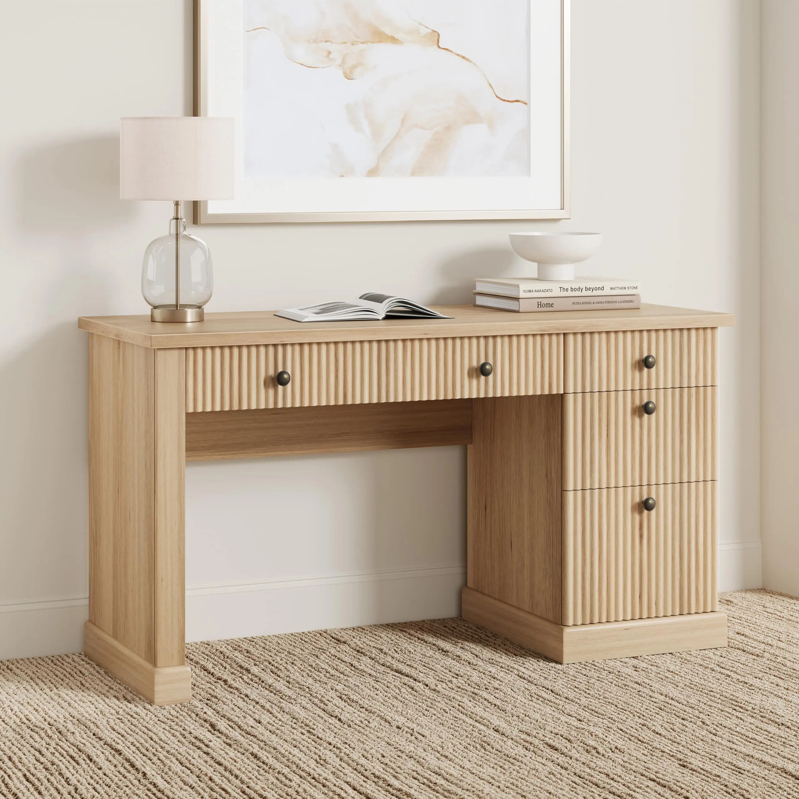 54" Modern Fluted Wooden Office Desk with Drawers, Computer Writing Workstation with Charging Station & File Storage, Compact Home Office Study Table for Daily Work