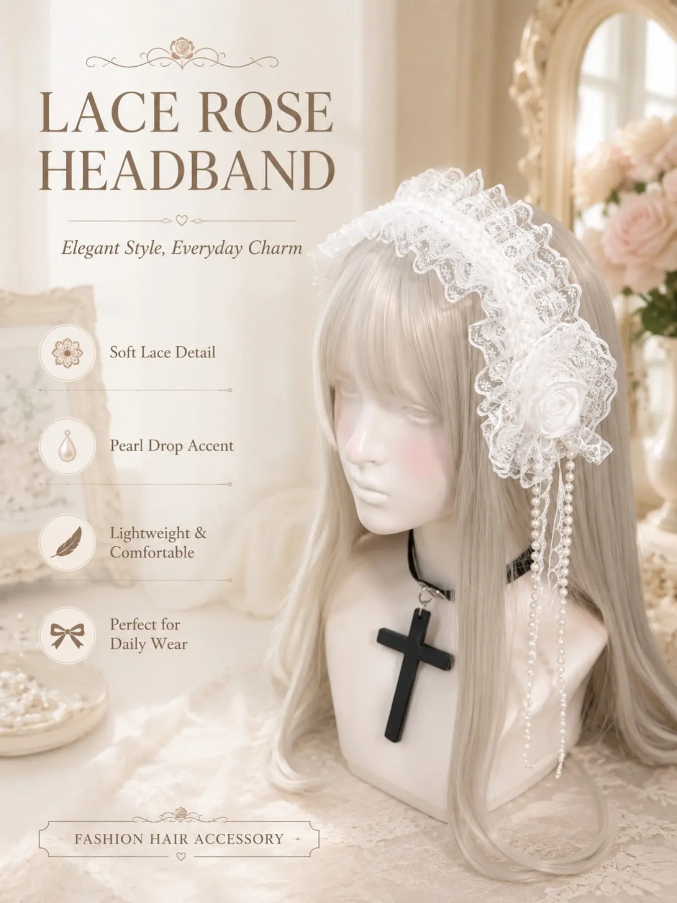Women Gothic Lolita Lace Rose Headband with Dainty Pearl Pendant, Soft Stretch Elastic Vintage Lace Hair Band, Comfortable Non Slip Hair Accessory Perfect for Halloween Cosplay, Back to School Daily Outfits & Gothic Lolita Costume Styling