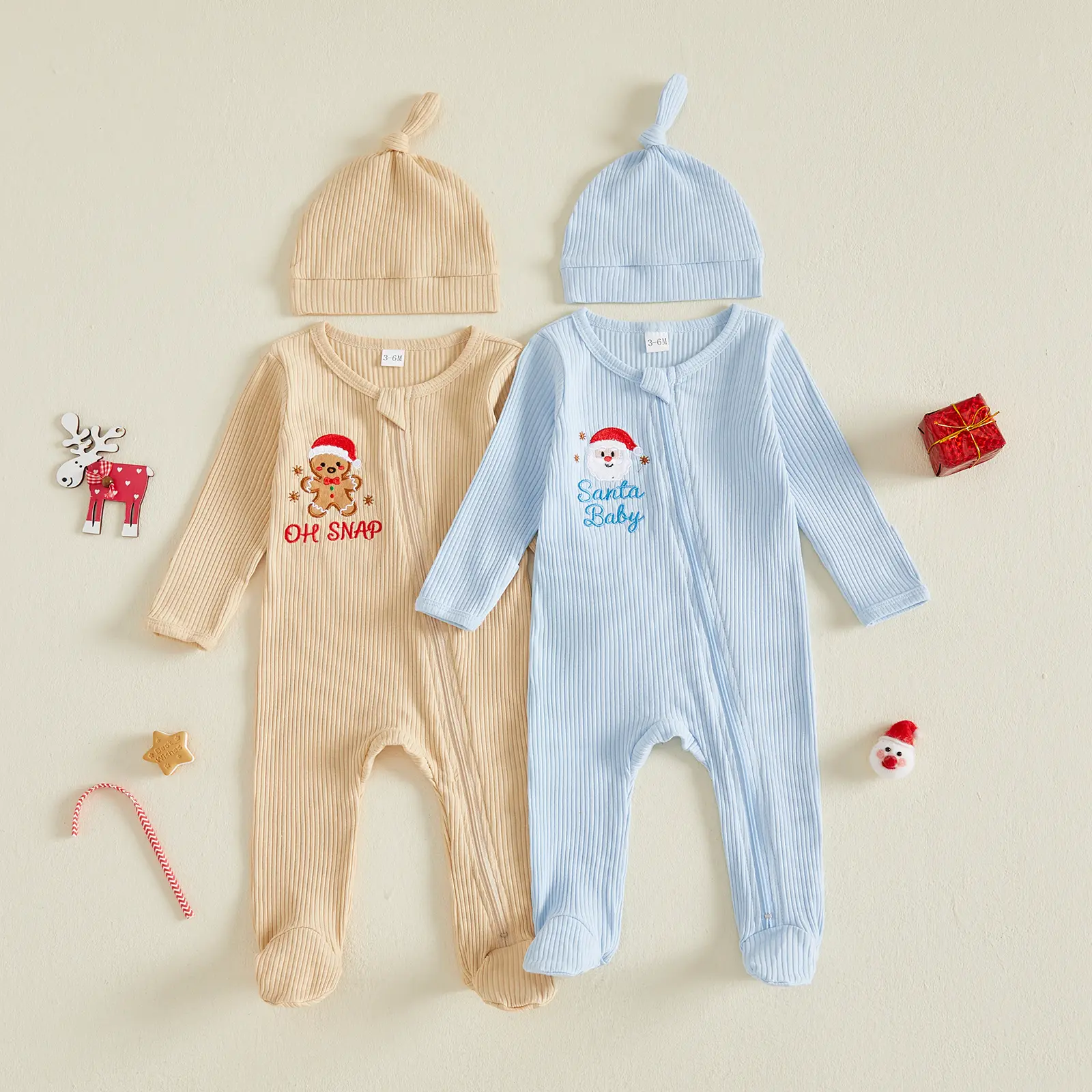 REDWOON Newborn Baby Boy Christmas Footed Zipper Sleeper Ribbed Knit Gingerbread Man/Santa Baby Embroidered Long Sleeve Romper with Knotted Hats Newborn Xmas Gift Set