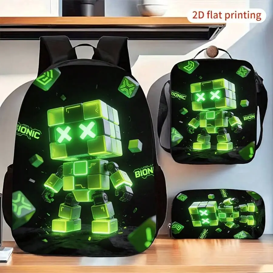 3pcs Green Glowing X Block Robot Printed Backpack Crossbody Bag And Pencil Bag Set, Fashion Portable Multipurpose Storage Bag Set For Daily Use Travel Outing, 17in Bookpack