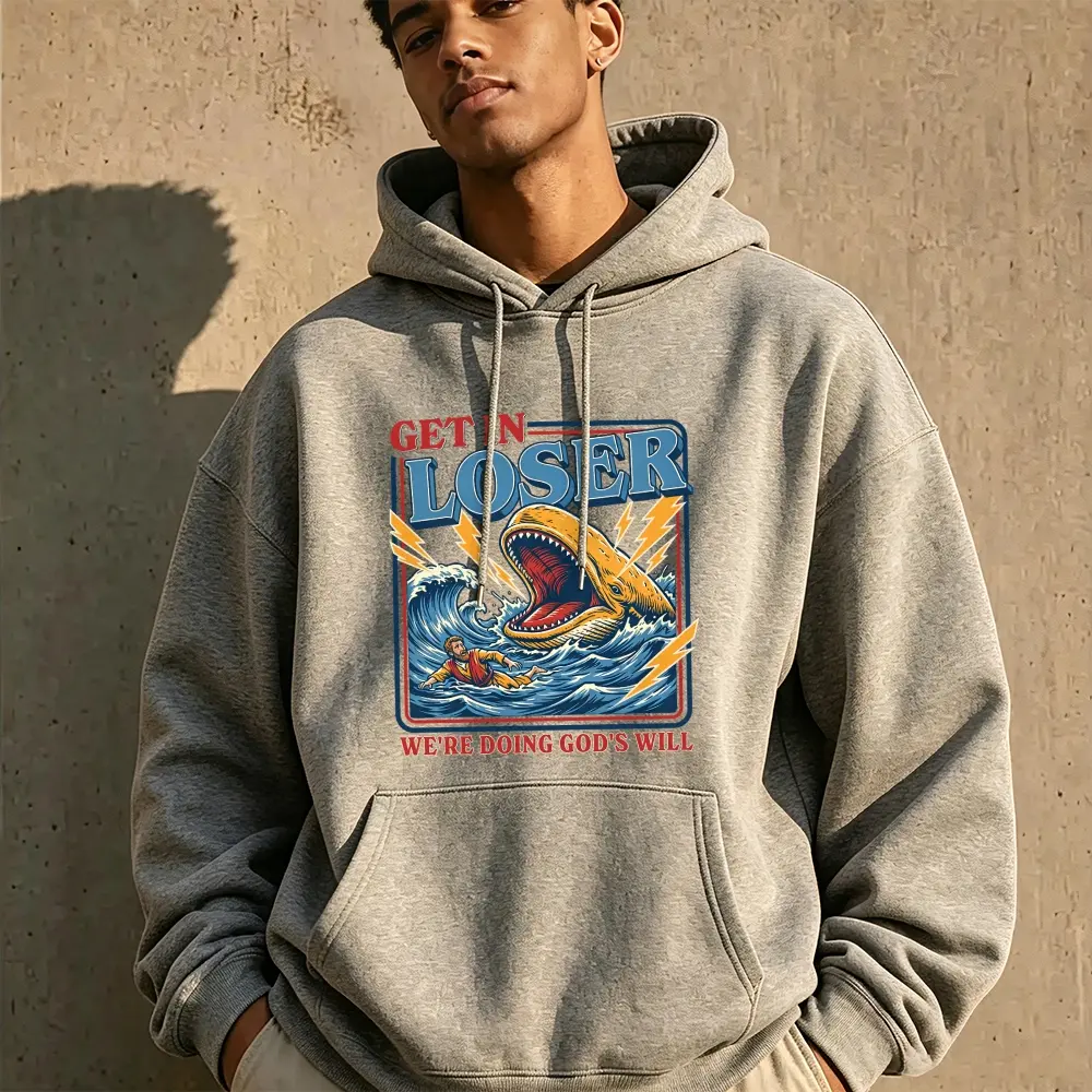 Vintage Ocean Graphic Hoodie, Funny Whale Wave Sweatshirt, Casual Streetwear Pullover