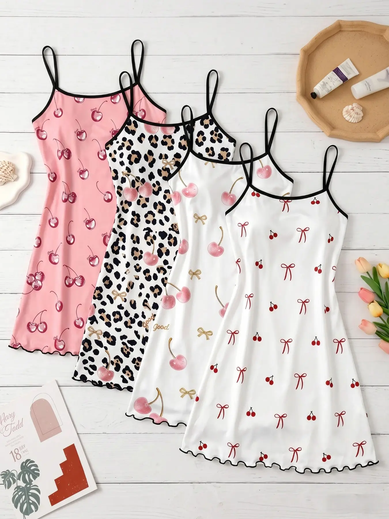4-Pack Cherry Print Nightdresses, Sleeveless Sexy Slim-Fit Pajamas for Women, All-Season Home Wear, Sweet and Cozy Sleepwear Set