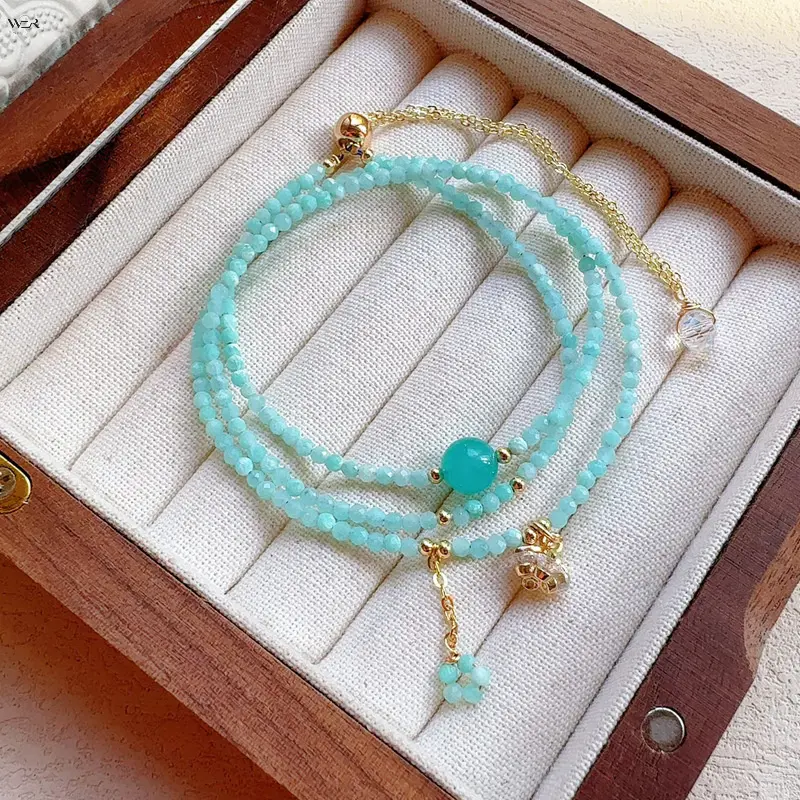 Women's Minimalist 3-Strand Lightweight Natural Stone Bracelet - Dainty Faceted Mint Green Amazonite Tiny Beads, Gold Bell Charms, Adjustable Extension Chain, Fresh Summer Triple Layer Crystal Jewelry Gift, Faceted Beads