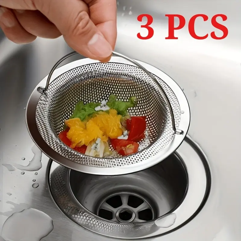 3Pack Stainless Steel Sink Strainer with Handle, Rust-Proof Mesh Design, Clog-Proof Drain Filter for Kitchen & Bathroom Sink, Dual-Use As Fruit & Vegetable Colander