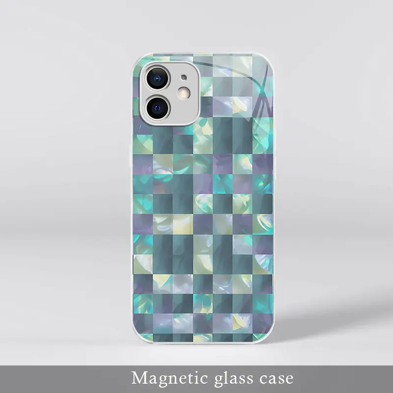 Mermaidcore Aesthetic Pearlescent Checkerboard Magnetic Glass Case for iPhone 12, Glossy Shell MagSafe Cover ---975