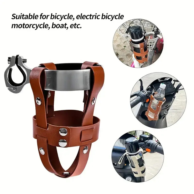 Vintage Leather Handlebar Water Bottle Holder, Adjustable Universal Cup Mount Cage, Sturdy Drink Carrier for Bicycle, Electric Scooter, Motorcycle, Ideal for Outdoor Cycling & Road Trips