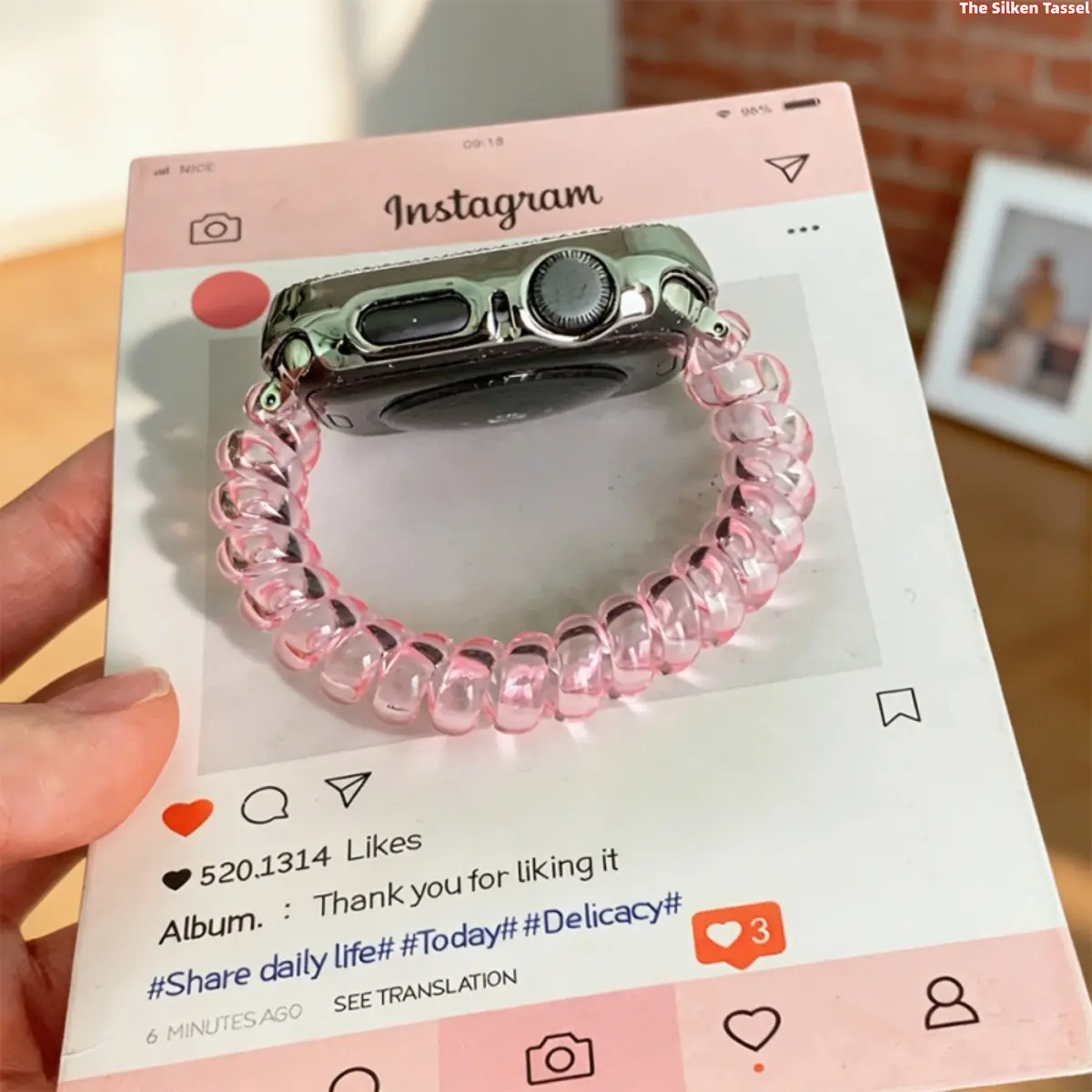Transparent Oval Beaded Resin Watch Band Compatible With Apple Watch Series 1 2 3 4 5 6 7 8 9 10 11 6 Color Jelly Clear Bead Elastic Replacement Wrist Strap Silver Metal Connectors For Women Girls