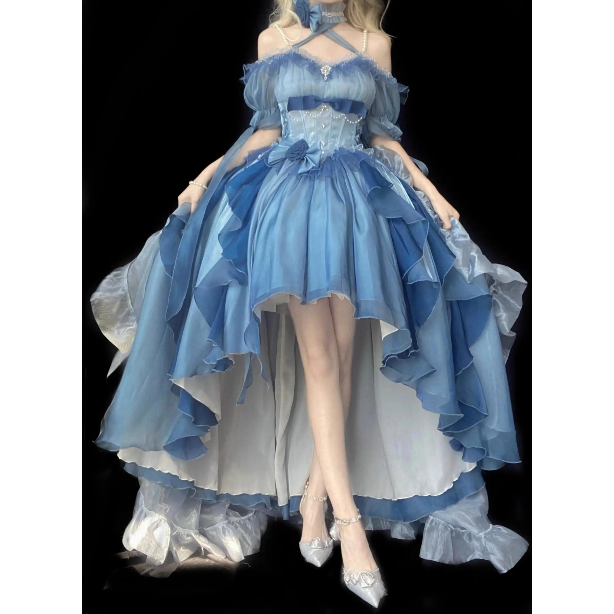 Blue Flower Wedding Dress Cos Lolita Dress Op Dress Lolita Heavy Industry Trail Puffy Princess Dress, Rose Bow Lolita Cosplay